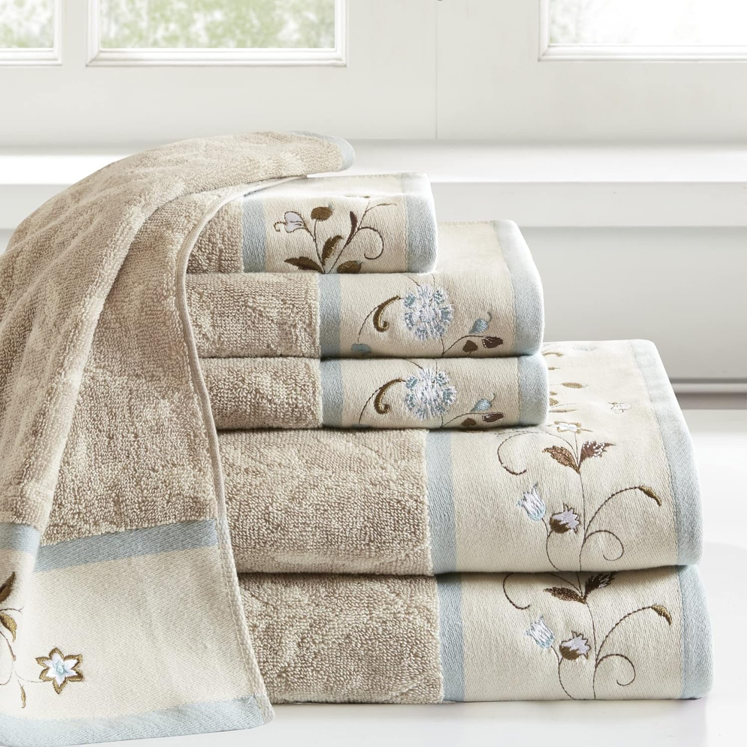 Serene 100% Cotton Bath Towel Set Luxurious Floral Decorative Towels for Bathroom Embroidered Cotton Jacquard Design Soft Highly Absorbent for Shower 600 GSM, Multi-Sizes, Blue 6 Piece