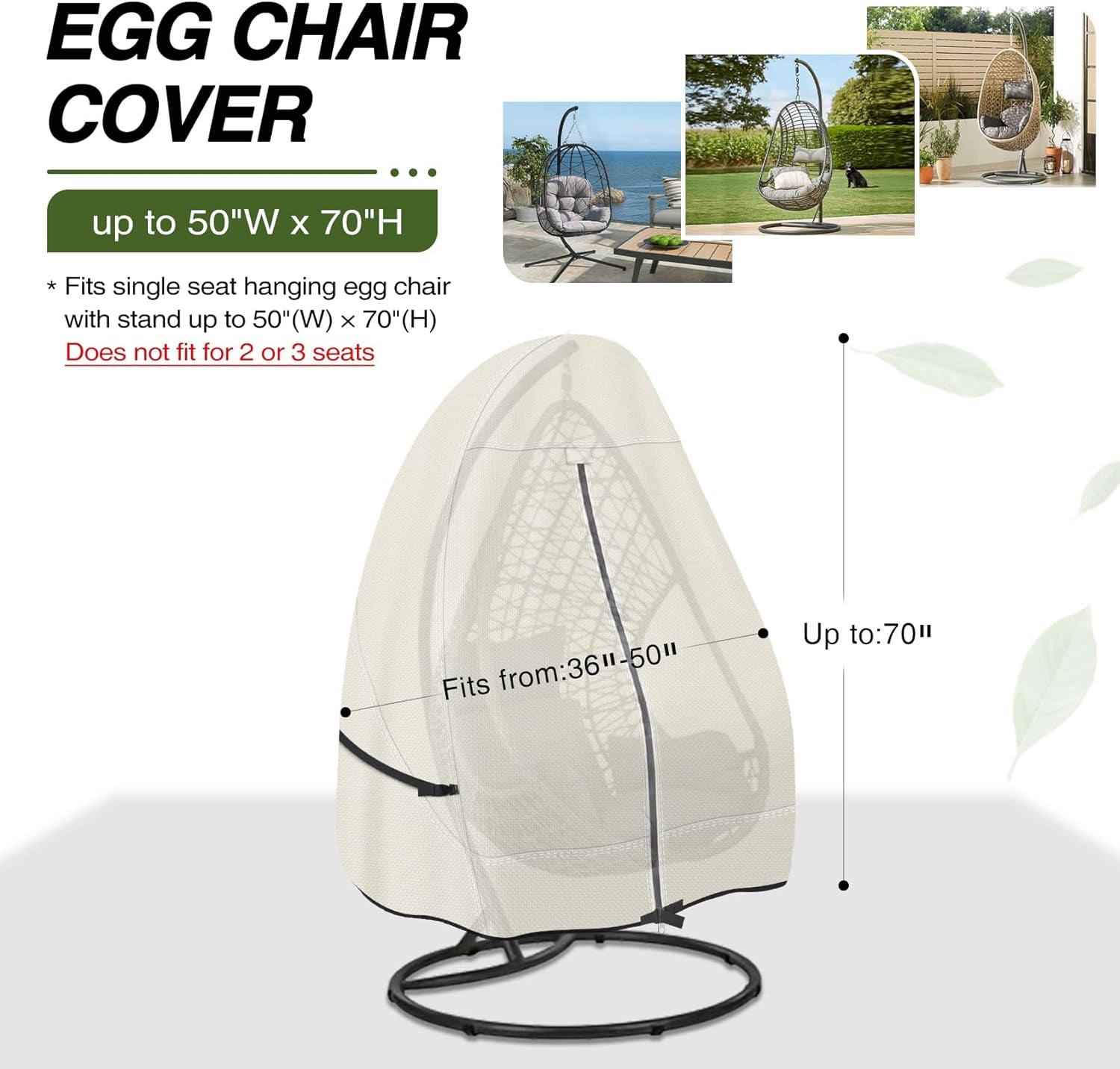 Patio Hanging Egg Chair Cover -600D Waterproof Outdoor Single Seat Wicker Swing Egg Chair with Stand Protector, Beige