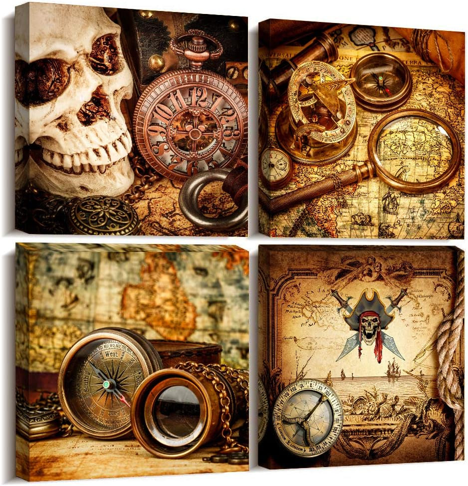 Canvas Wall Art for Living Room Office Wall Decor Painting Bedroom Decoration Pirate Ship Compass Framed Pictures Restoring Ancient Ways Prints Artwork Dormitory Room Home Decor 4 Piece
