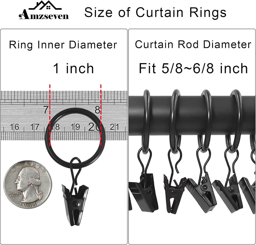 44 Pack Metal Curtain Rings with Clips, Drapery Clips with Rings, Drapes Rings 1 Inch Inner Diameter, Fits Diameter 5/8 Inch Curtain Rods, Black