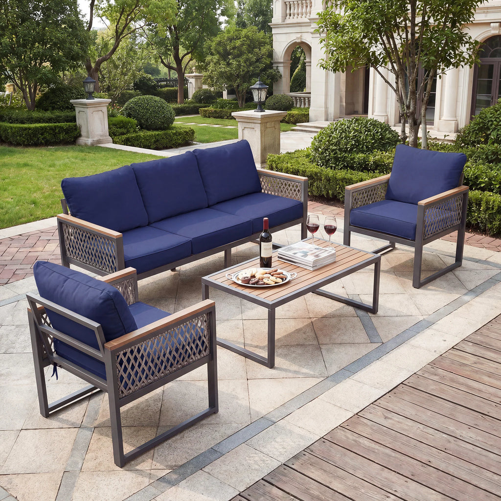 4 -Piece Patio Conversation Set with Blue Cushions
