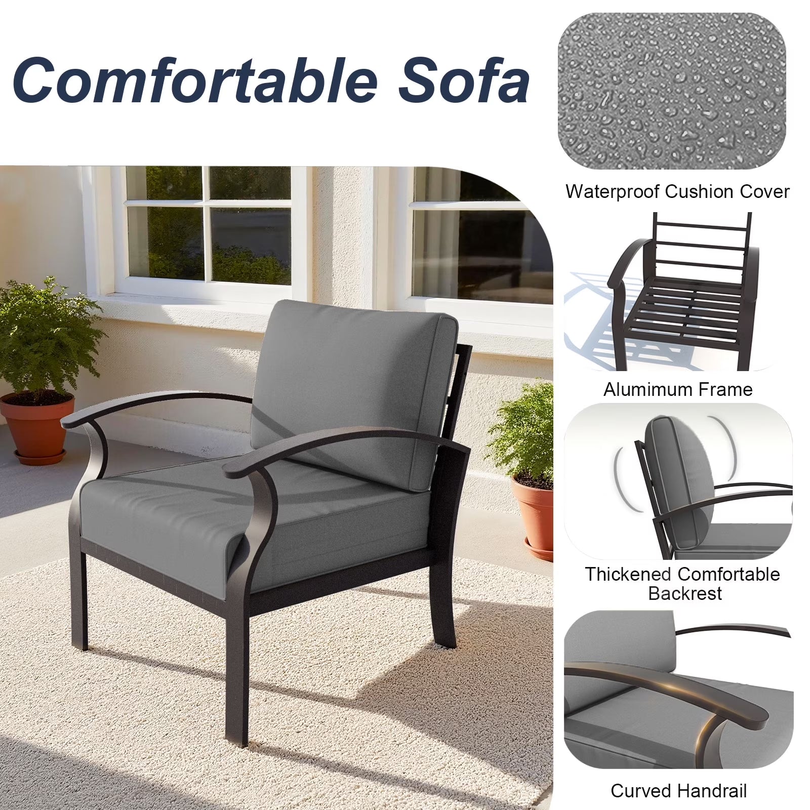 Aluminum 2-Seat Patio Furniture Set, Outdoor Patio Conversation Set with 5.1" Cushions for Patio Backyard Poolside, Gray