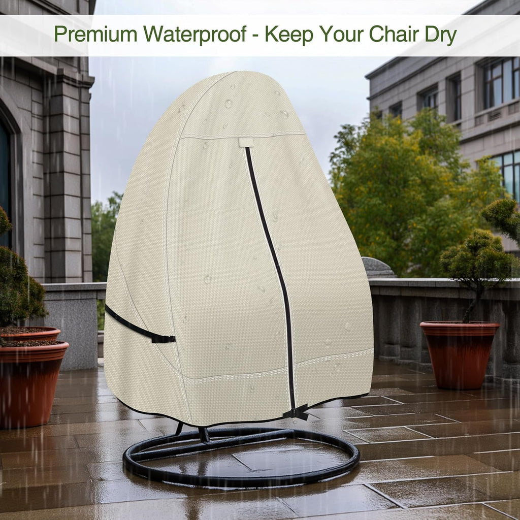 Patio Hanging Egg Chair Cover -600D Waterproof Outdoor Single Seat Wicker Swing Egg Chair with Stand Protector, Beige