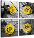Framed Floral Wall Art Set of 4 - Yellow and Grey Rose Canvas Prints, Aesthetic Bedroom & Bathroom Decor, Rose Flower Framed Decor for Home Living Room