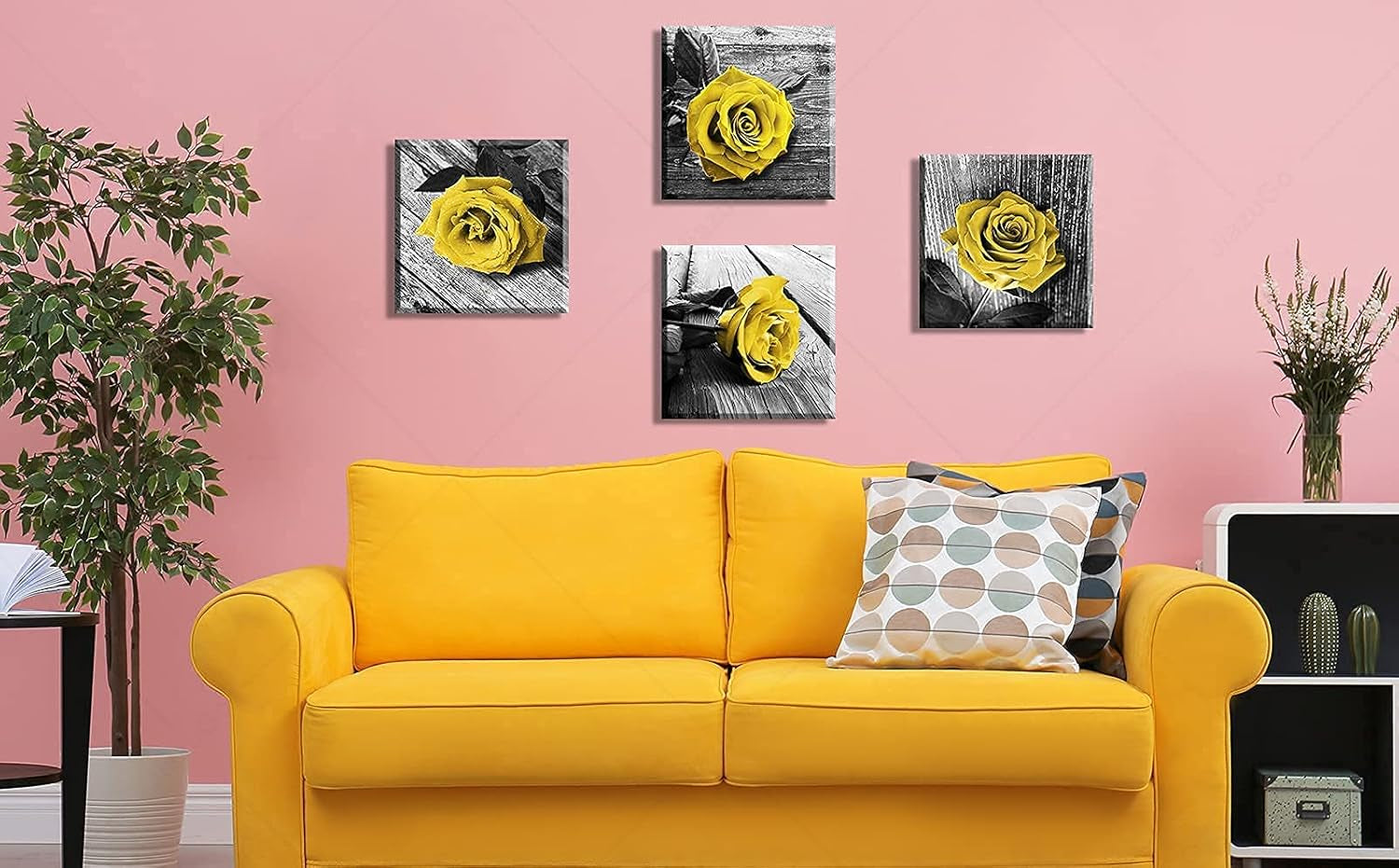 Framed Floral Wall Art Set of 4 - Yellow and Grey Rose Canvas Prints, Aesthetic Bedroom & Bathroom Decor, Rose Flower Framed Decor for Home Living Room