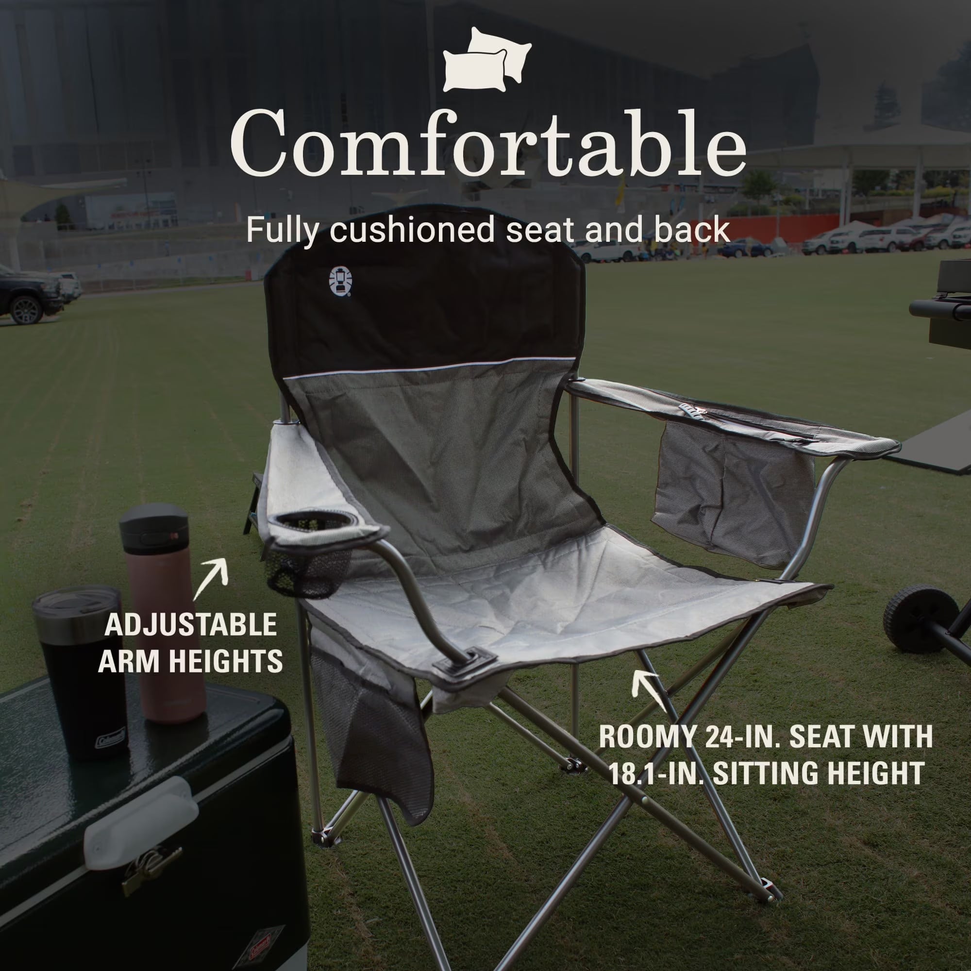 Portable Camping Chair with 4-Can Cooler, Cushioned Seat & Back with Side Pockets & Cup Holder, Carry Bag Included, Great for Camping, Tailgating, Firepits, Patio, & More