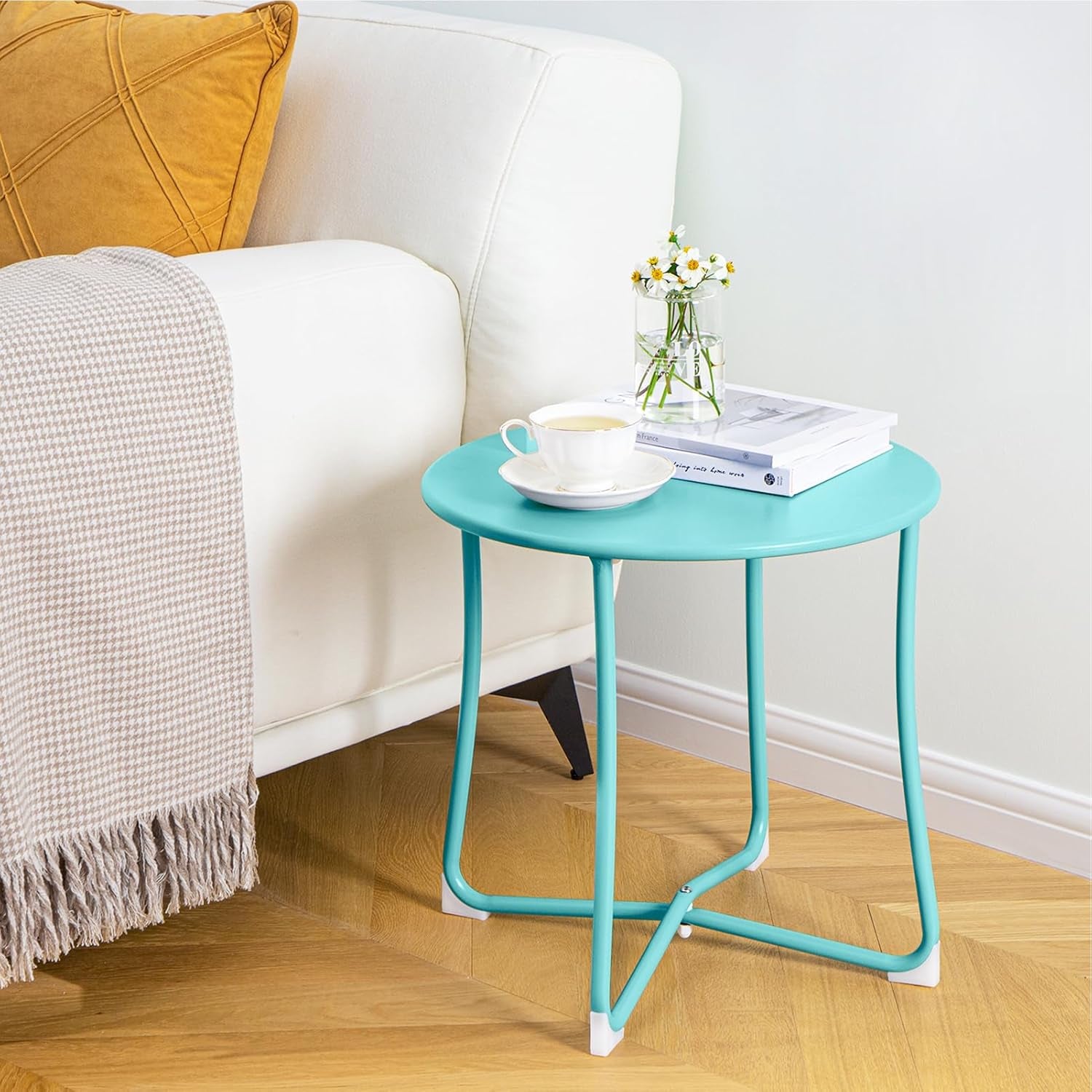 Amagabeli Patio Small Side Table Outdoor Waterproof round Metal Steel Weather Resistant Portable Indoor End Table for Garden Balcony Yard Bedside Mint Green