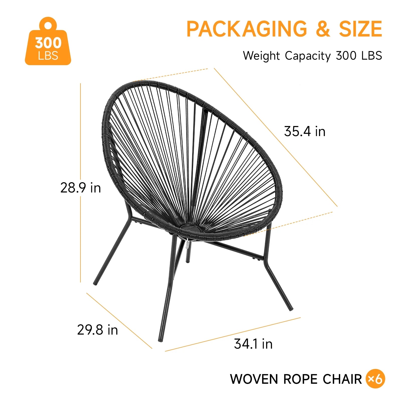 Acapulco Chair Set of 6, Outdoor Seating Patio Chairs Modern Wicker Bistro Chairs All-Weather Papasan Chair for Balcony Garden Backyard Porch Deck, Black
