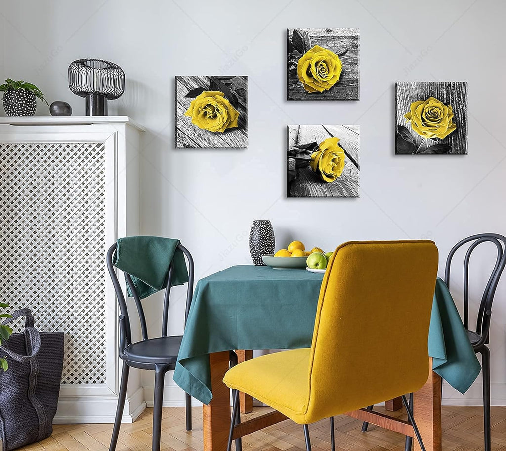 Framed Floral Wall Art Set of 4 - Yellow and Grey Rose Canvas Prints, Aesthetic Bedroom & Bathroom Decor, Rose Flower Framed Decor for Home Living Room