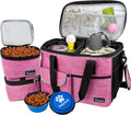 Dog Travel Bag Organizer, Pet Travel Kit with 2 Food Containers & 2 Collapsible Dog Bowls, Pet Supplies Tote with Luggage Sleeve, Weekend Road Trip Camping Essentials, Pink, Medium