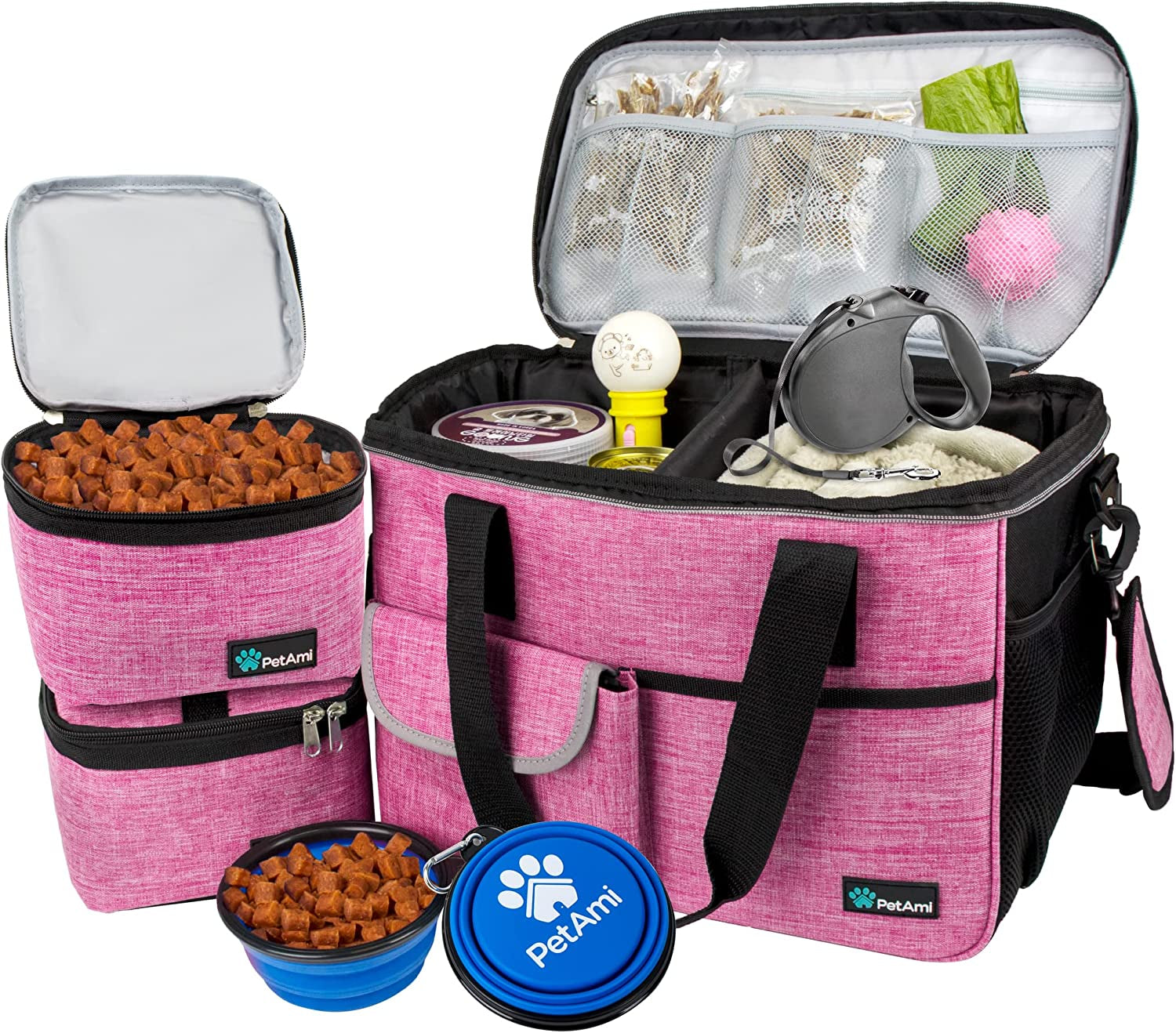 Dog Travel Bag Organizer, Pet Travel Kit with 2 Food Containers & 2 Collapsible Dog Bowls, Pet Supplies Tote with Luggage Sleeve, Weekend Road Trip Camping Essentials, Pink, Medium