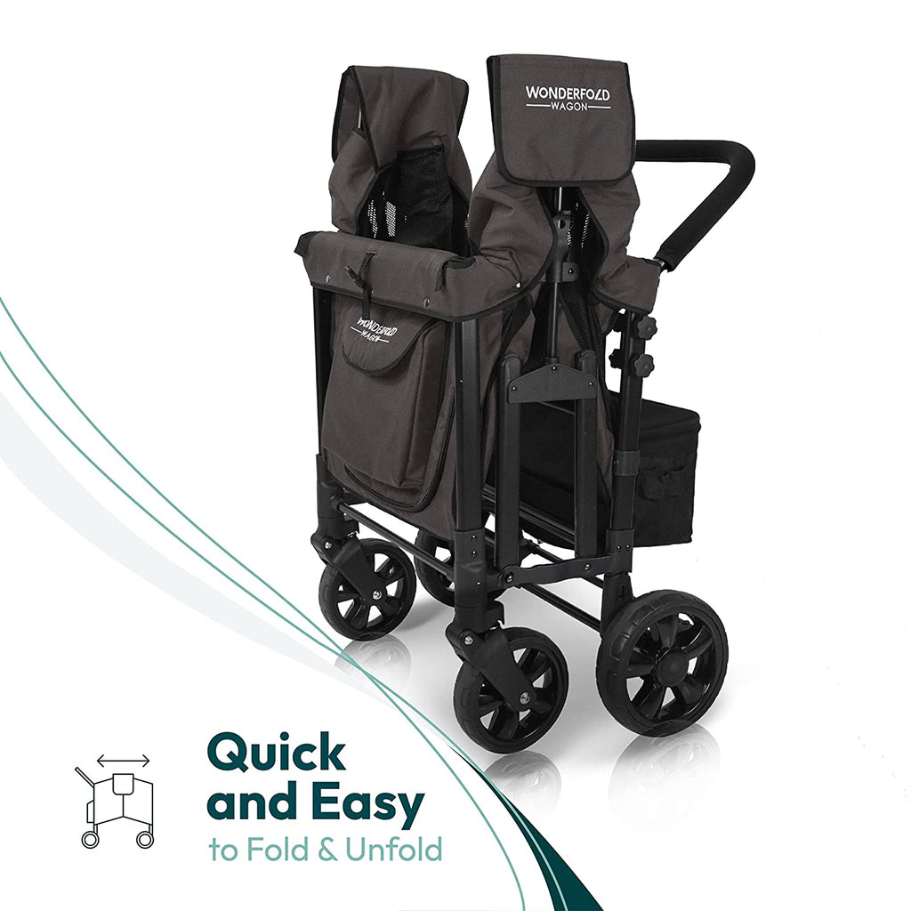 W4 Original Stroller Wagon - Foldable Wagon with 5 Point Harness - Adjustable Canopy & Deep Carriage - All-Terrain Wheels - for Babies, Toddlers & Kids - 4 Seater - Black