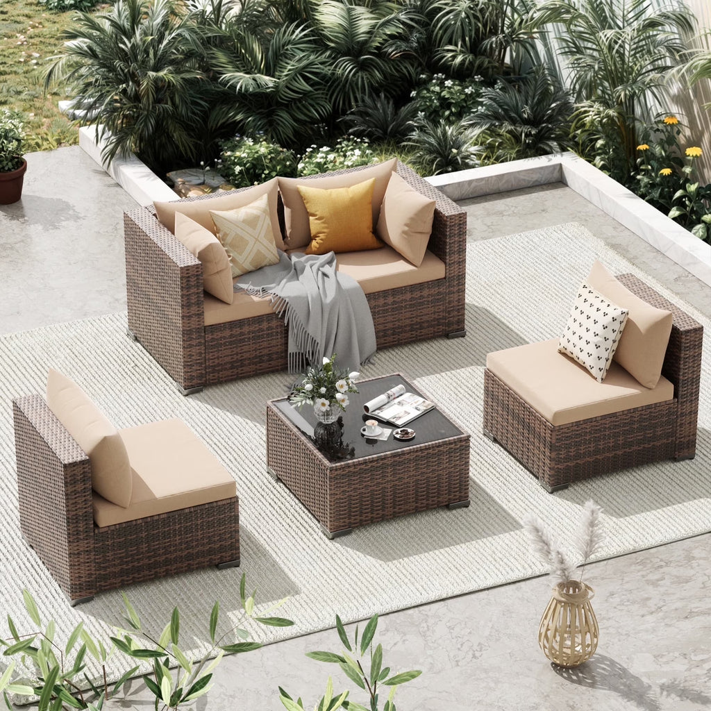 Patio Furniture Sets, Modular Rattan Outdoor Patio Sectional Furniture Sofa Set, Wicker Patio Conversation Set for Backyard,5Pcs