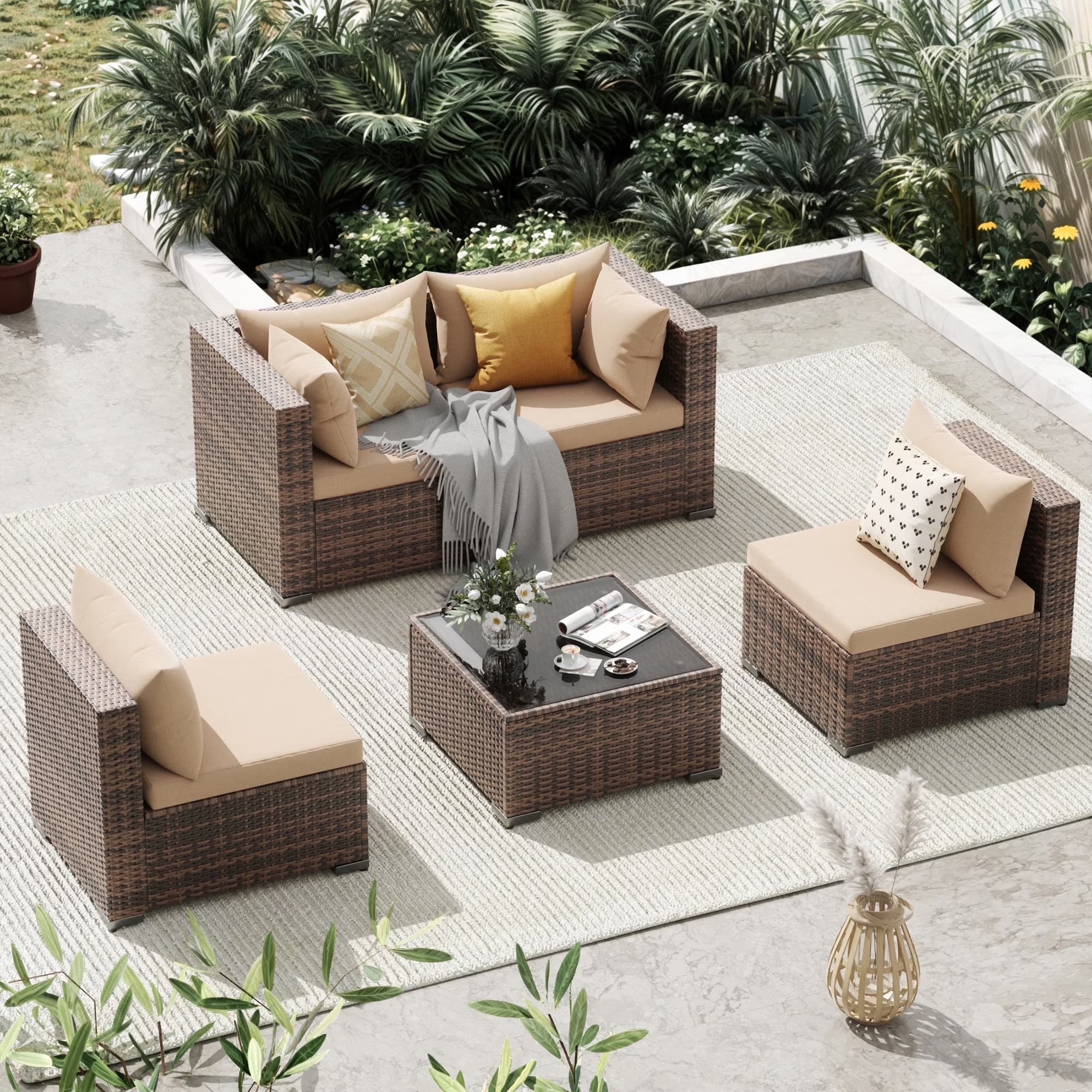 Patio Furniture Sets, Modular Rattan Outdoor Patio Sectional Furniture Sofa Set, Wicker Patio Conversation Set for Backyard,5Pcs