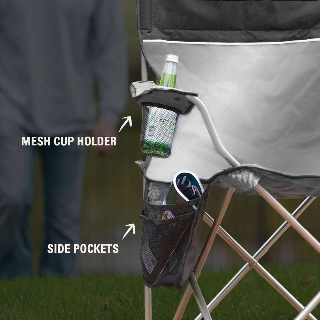 Portable Camping Chair with 4-Can Cooler, Cushioned Seat & Back with Side Pockets & Cup Holder, Carry Bag Included, Great for Camping, Tailgating, Firepits, Patio, & More