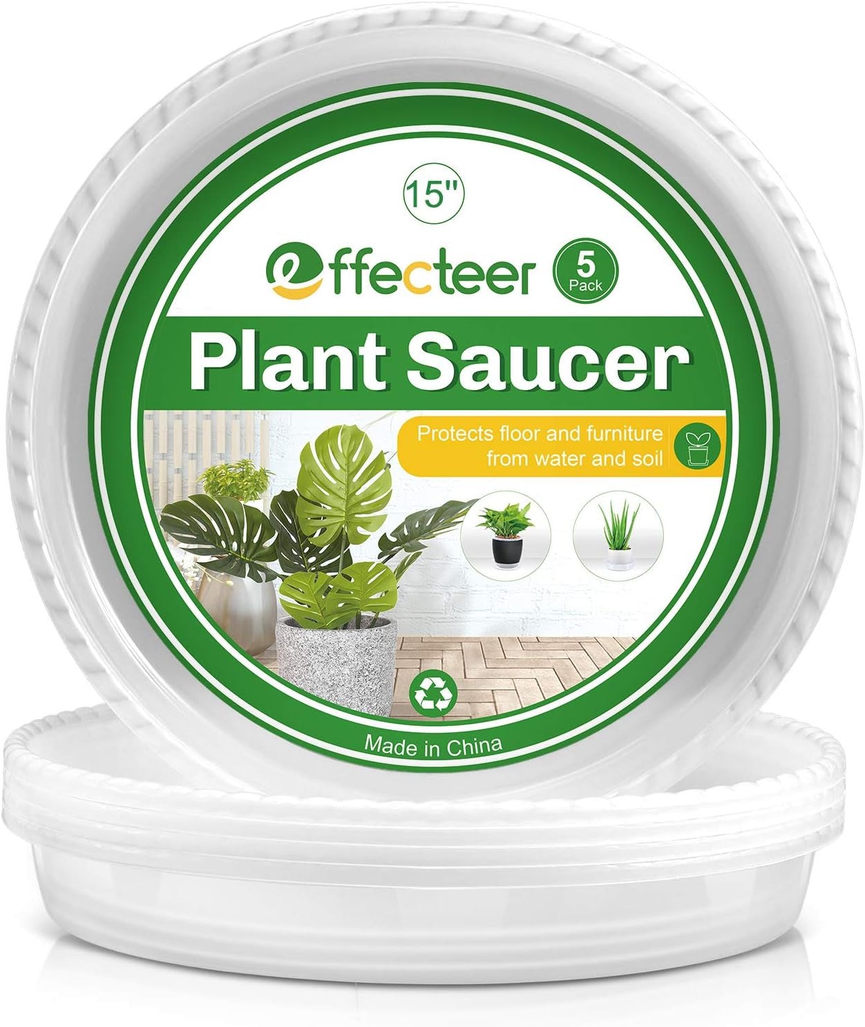Plant Saucer, 5 Pack, 15 Inch, round Plant Trays for Indoors, Clear Plastic Plant Pot Saucers, Durable Flower Pots with 5 Plant Labels (15'' - 5 Pack)