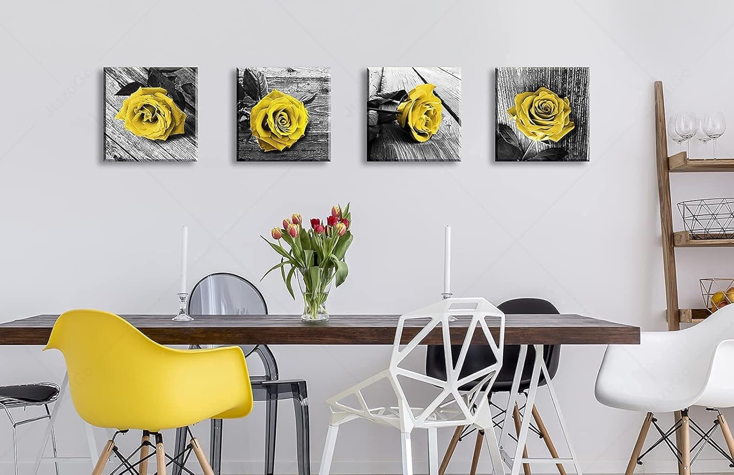 Framed Floral Wall Art Set of 4 - Yellow and Grey Rose Canvas Prints, Aesthetic Bedroom & Bathroom Decor, Rose Flower Framed Decor for Home Living Room