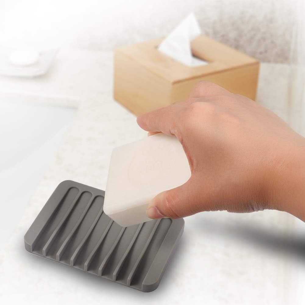 3PCS Self Draining Soap Holder, Premium Silicone Soap Dish, Soap Saver for Shower, Bathroom, Kitchen, Bath Tub, Sponges, Keep Soaps Bars Dry Clean, Easy Clean, Extend Soaps Life (Grey)