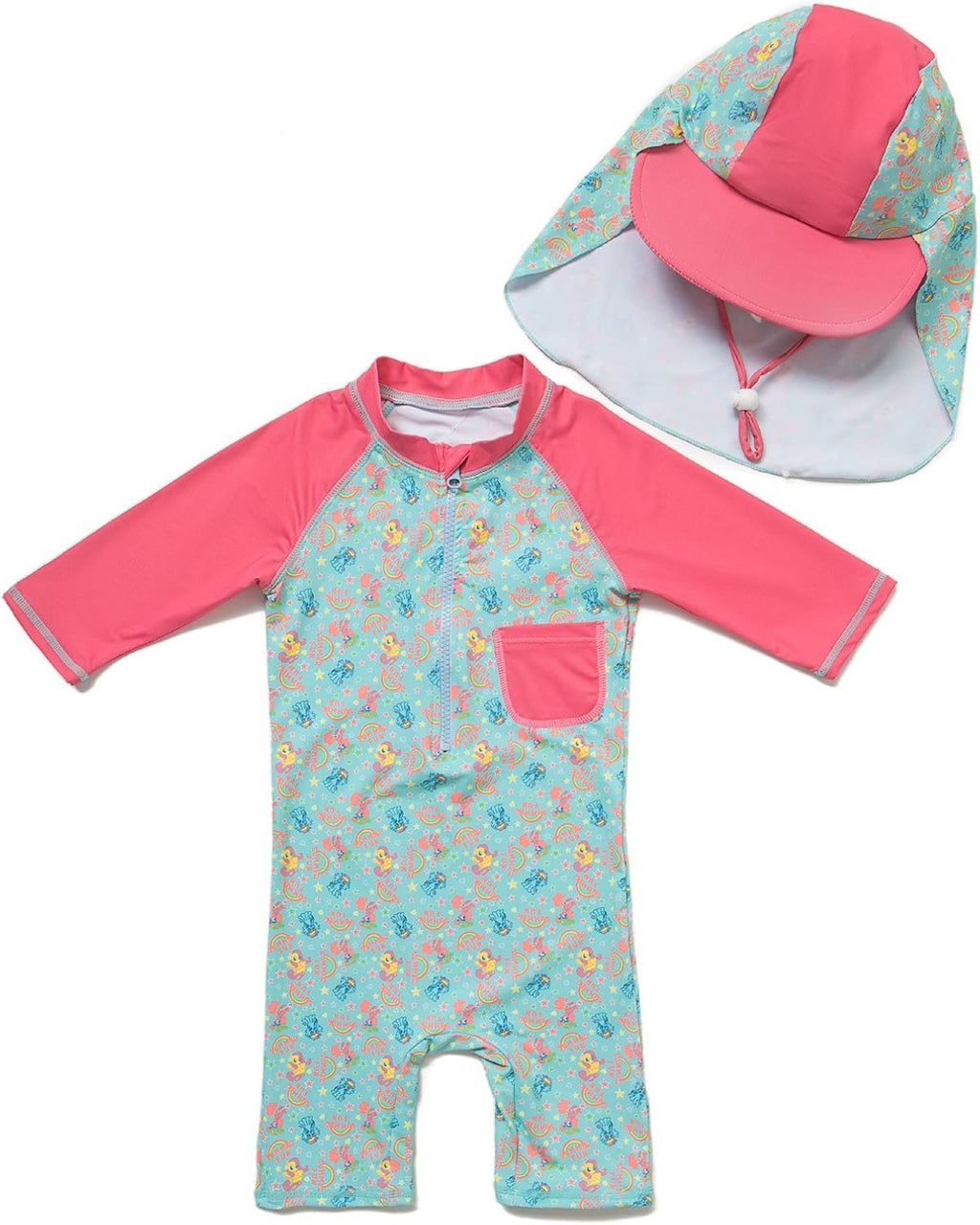 (Tm) Kids UPF 50+ Sun Protection S/S One Piece Zip Sun Suit with Sun Hat (3-6 Months, Colorful Fish)