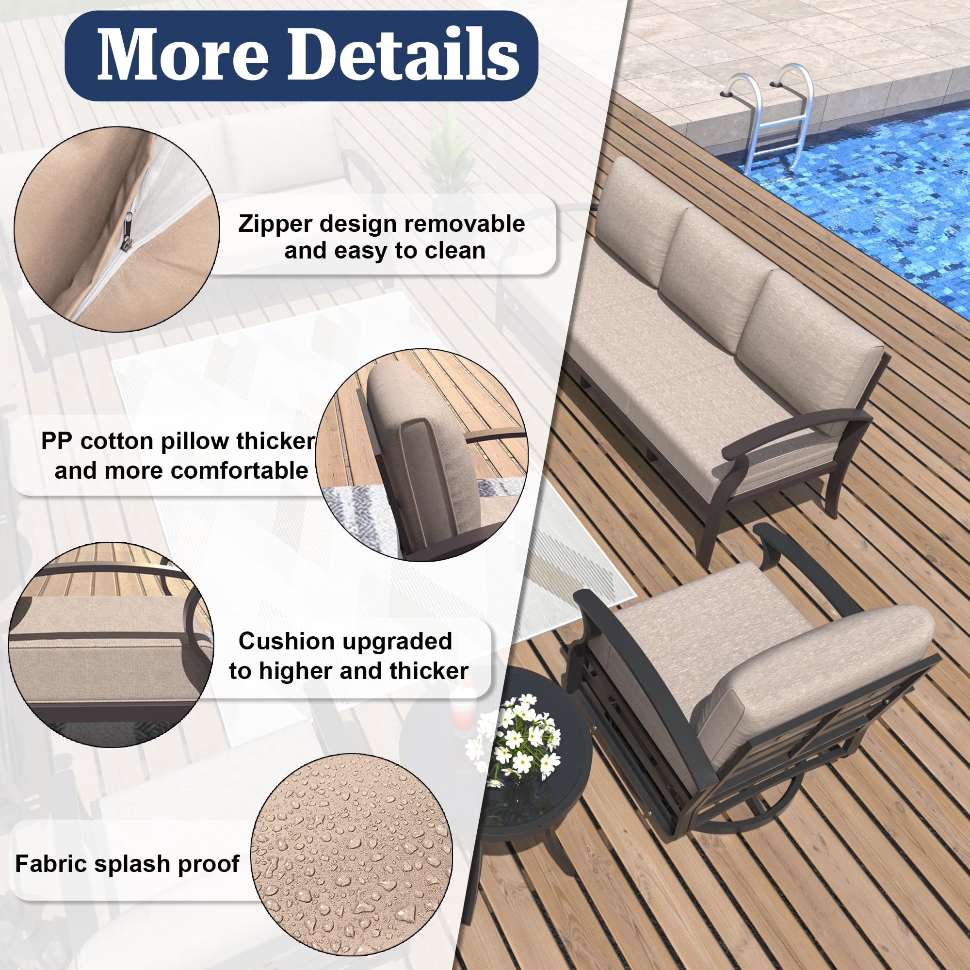 Aluminum 3-Seat Patio Furniture Set, Outdoor Patio Conversation Set with 5.1" Cushions for Patio Backyard Poolside, Sand