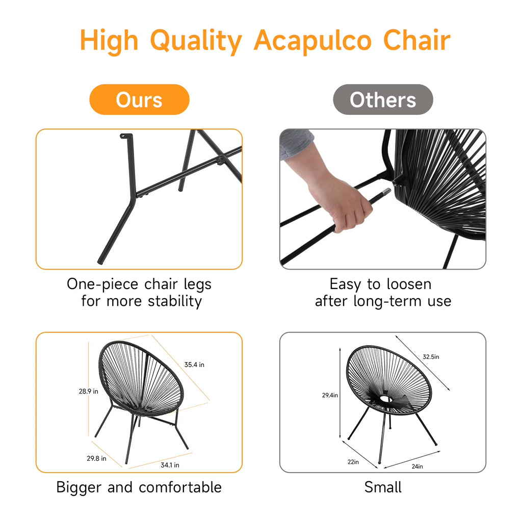 Acapulco Chair Set of 6, Outdoor Seating Patio Chairs Modern Wicker Bistro Chairs All-Weather Papasan Chair for Balcony Garden Backyard Porch Deck, Black