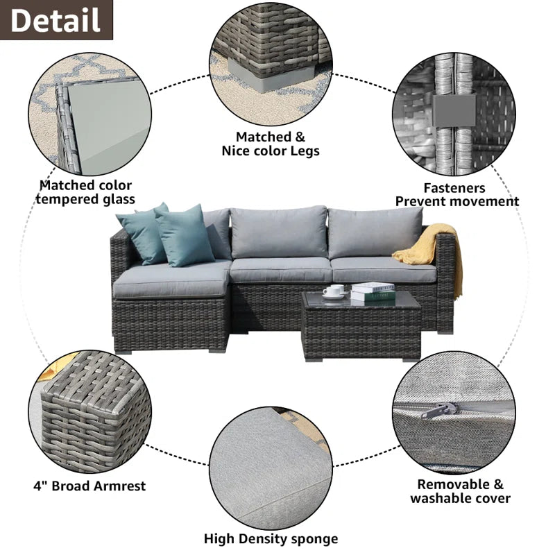 Abler 3-Person Wicker Modular Patio Conversation Set with Cushions