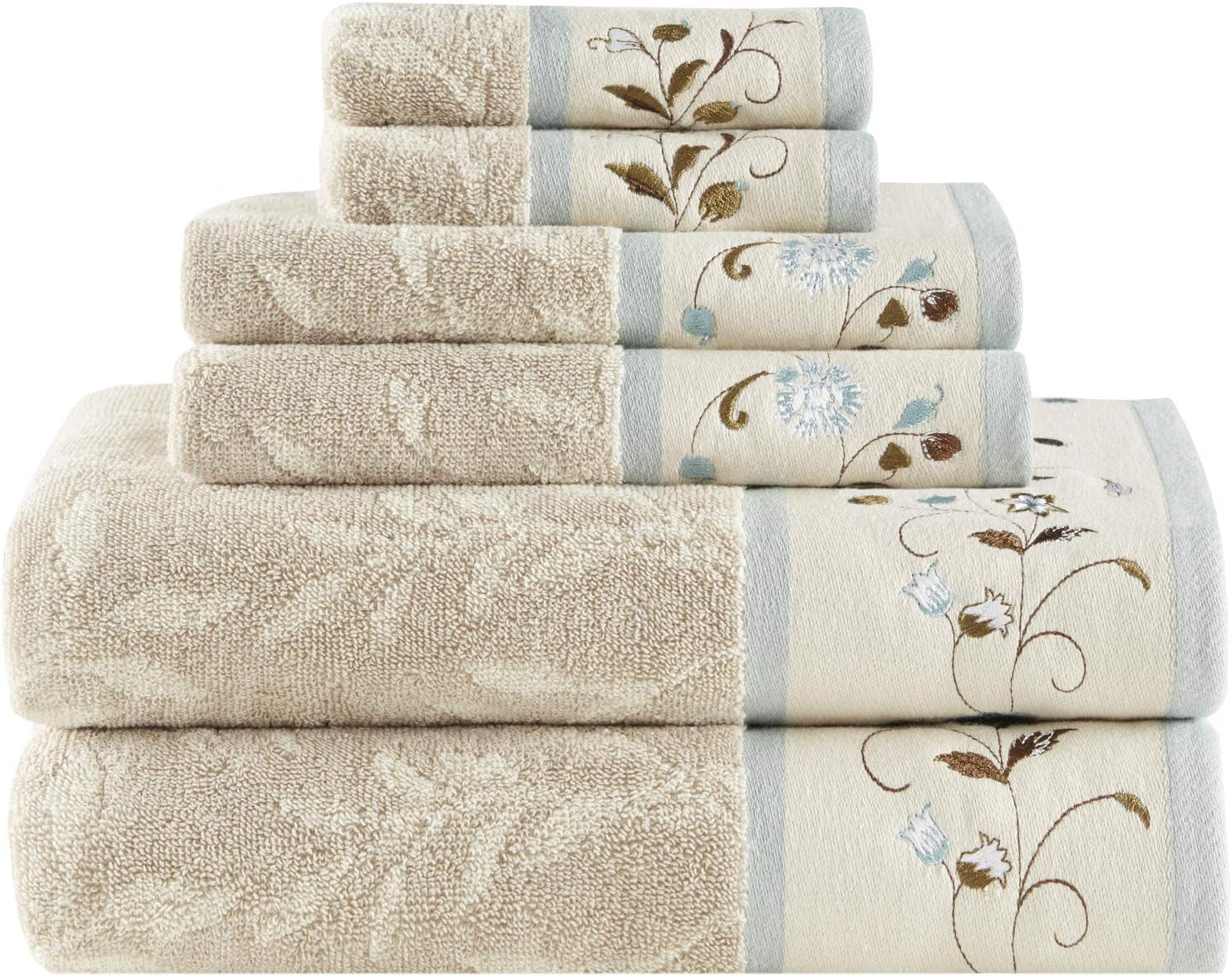 Serene 100% Cotton Bath Towel Set Luxurious Floral Decorative Towels for Bathroom Embroidered Cotton Jacquard Design Soft Highly Absorbent for Shower 600 GSM, Multi-Sizes, Blue 6 Piece