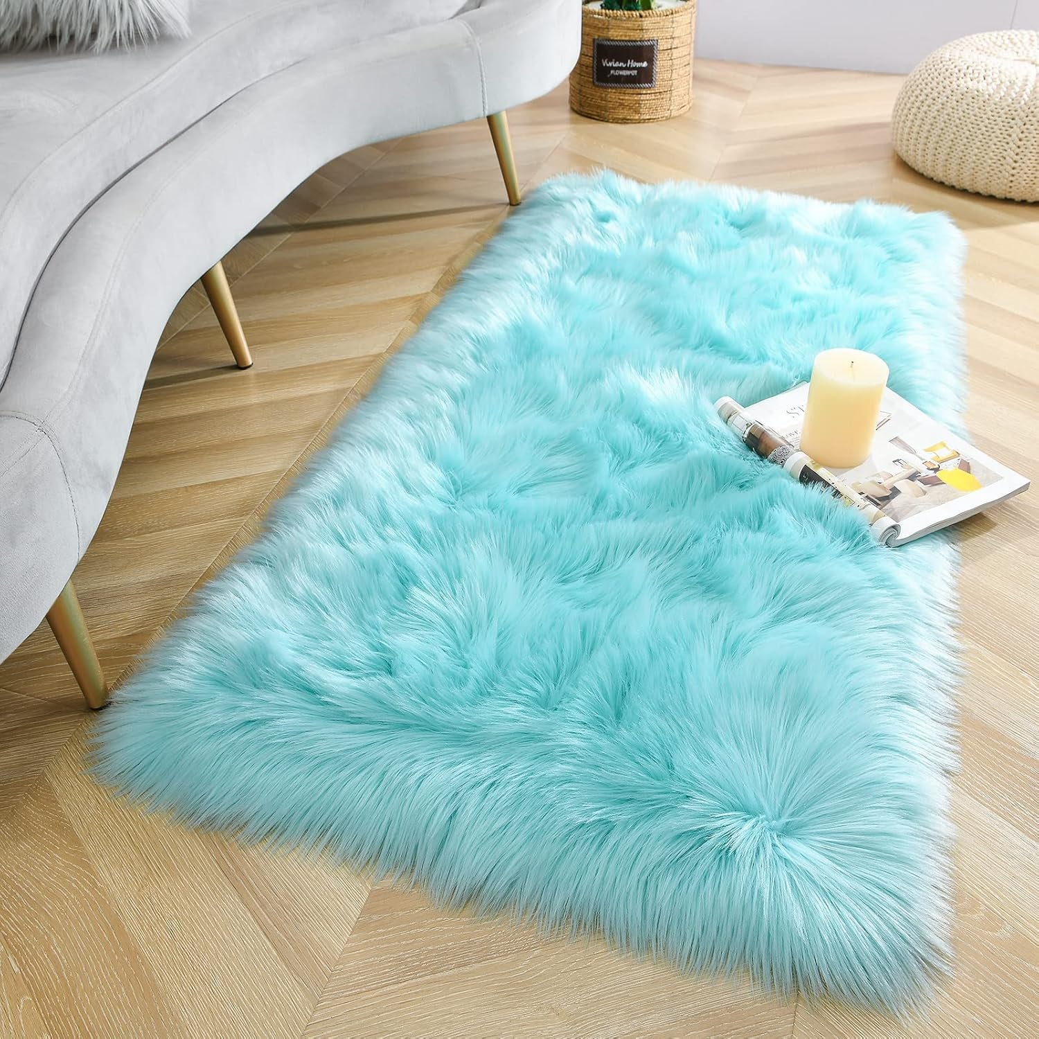 Soft Fluffy Faux Fur Rugs for Bedroom Bedside Rug 2X4 Feet, Washable, Furry Sheepskin Area Rug for Living Room Girls Room, Luxury Shag Carpet Home Decor, Blue