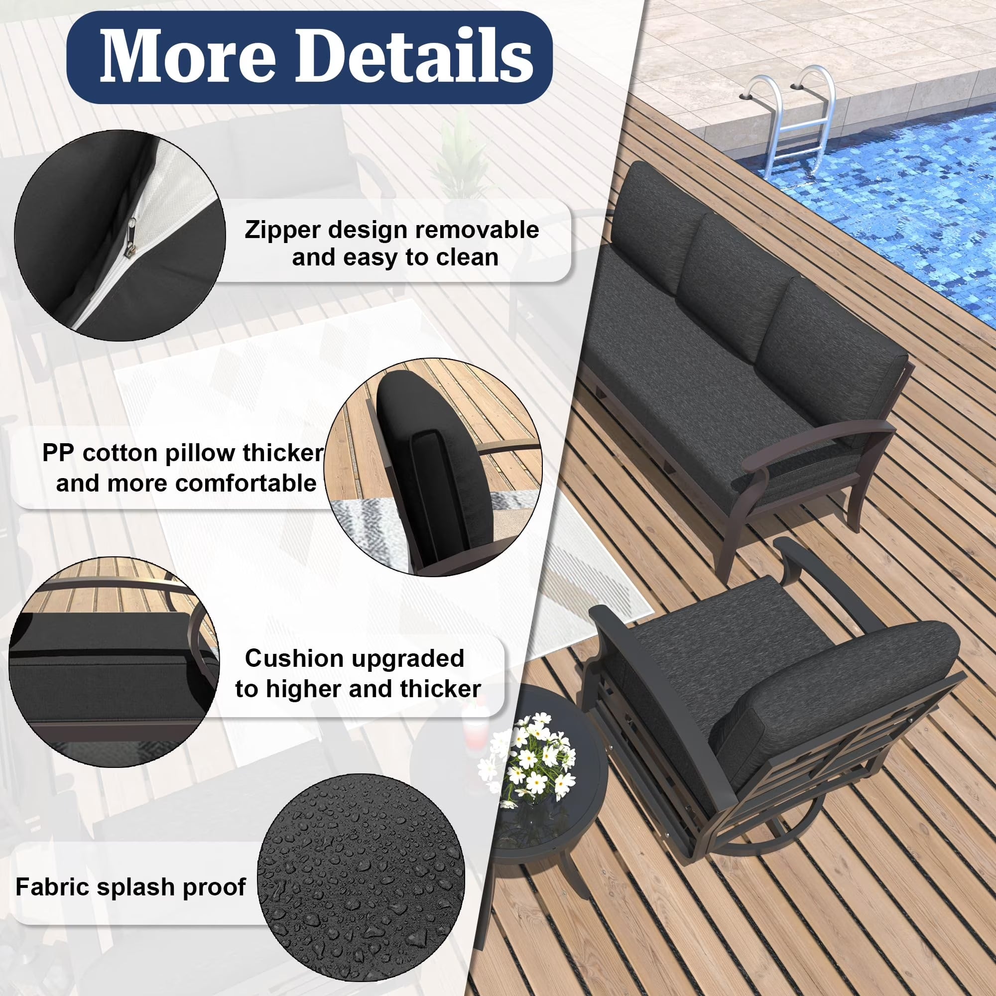 Aluminum 3-Seat Patio Furniture Set, Outdoor Patio Conversation Set with 5.1" Cushions for Patio Backyard Poolside, Black