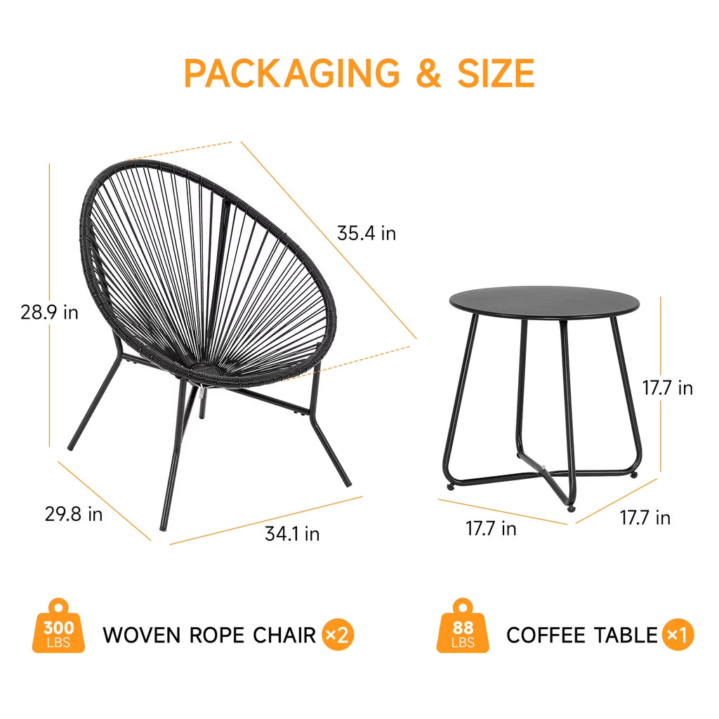 3 Piece Patio Acapulco Furniture Bistro Set, Outdoor Bistro Set Acapulco Chairs All-Weather Rattan Wicker Chairs with Plastic Rope and Coffee Table, Black