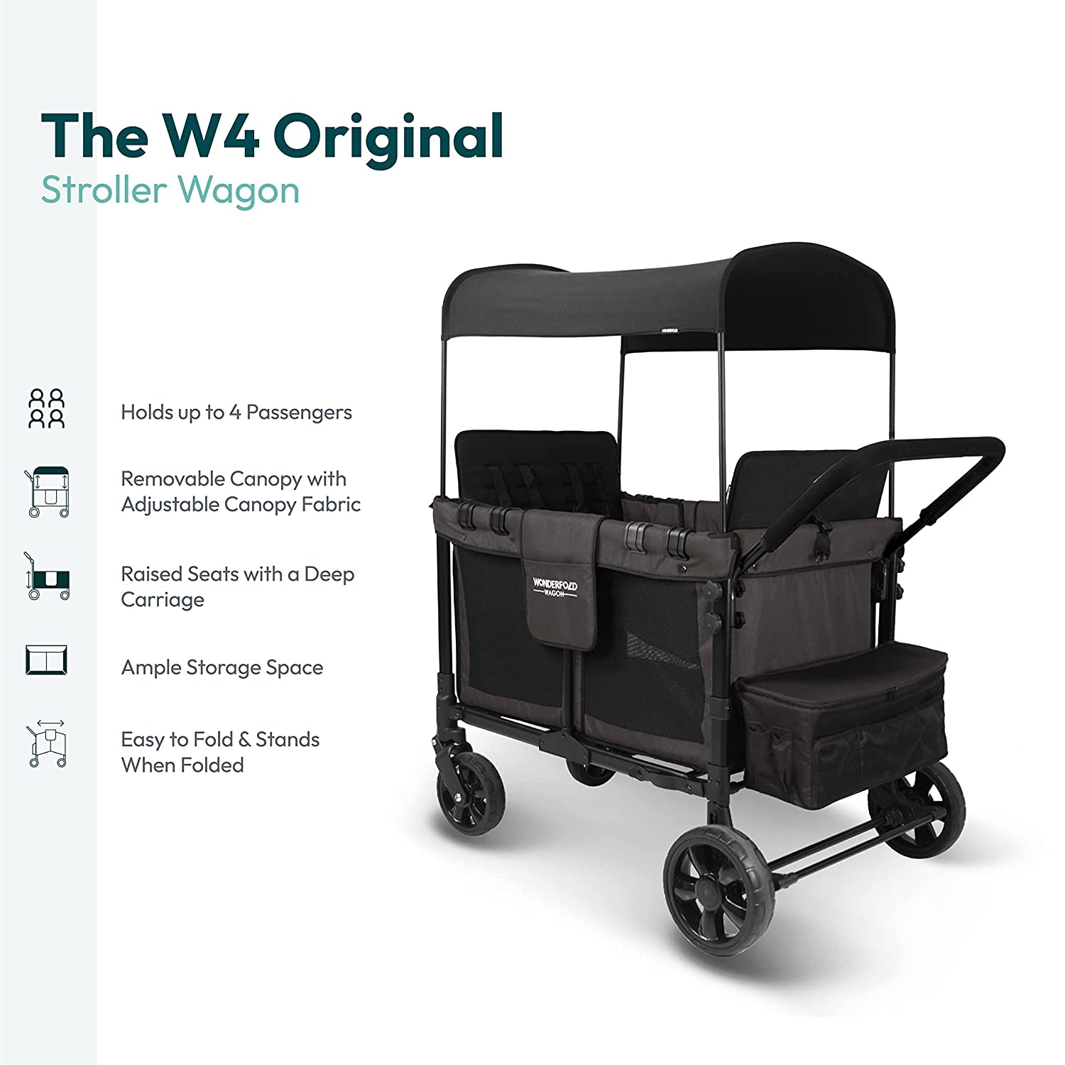 W4 Original Stroller Wagon - Foldable Wagon with 5 Point Harness - Adjustable Canopy & Deep Carriage - All-Terrain Wheels - for Babies, Toddlers & Kids - 4 Seater - Black