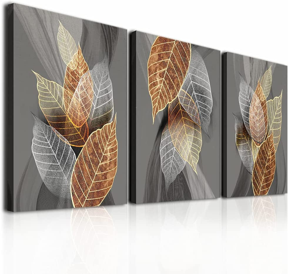 Canvas Wall Art for Living Room, Family Wall Decorations, Kitchen, Bathroom, Bedroom Modern Wall Decor Black Paintings Abstract Leaves Pictures Artwork Inspirational Home Decor 3 Pieces