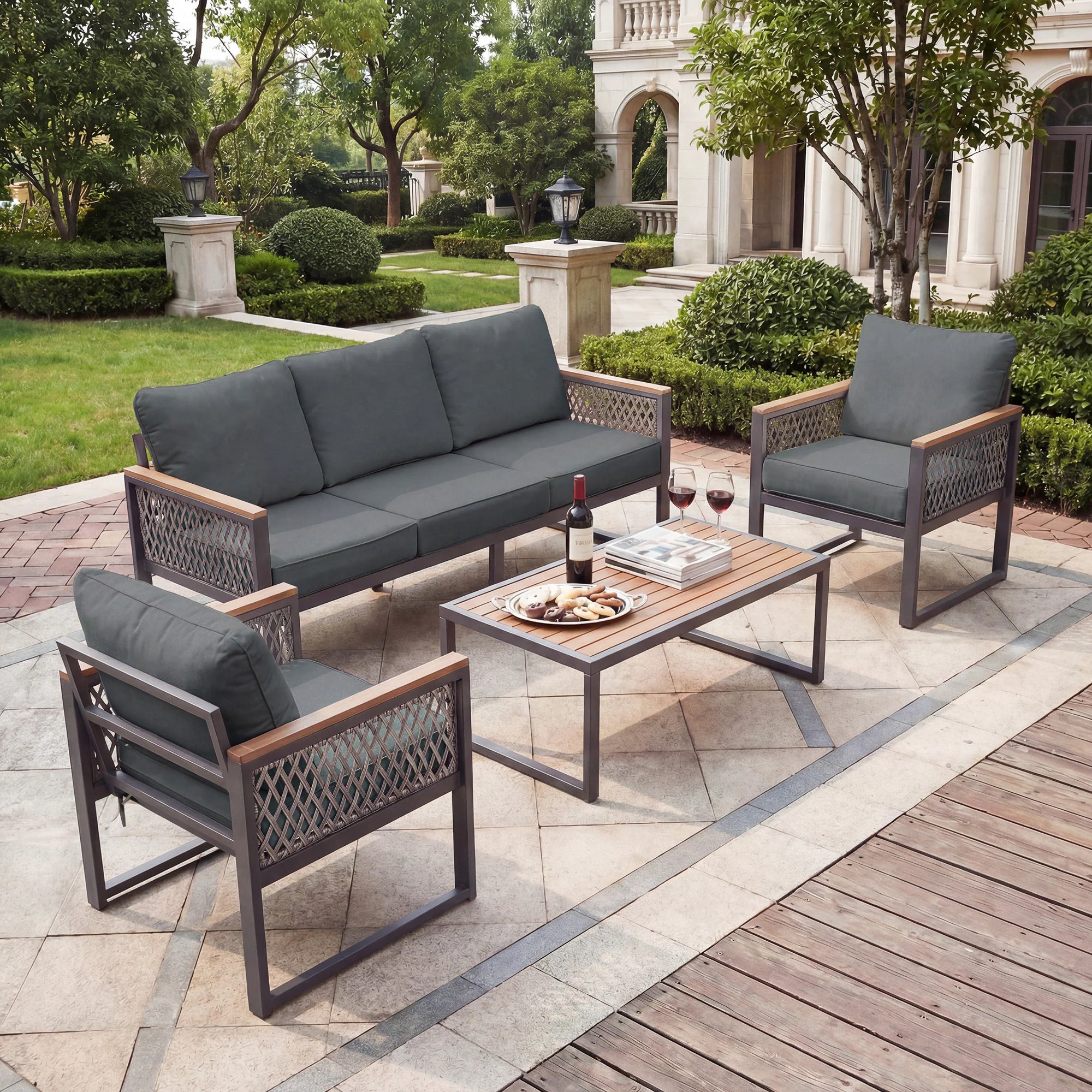 4 -Piece Patio Conversation Set with Blue Cushions