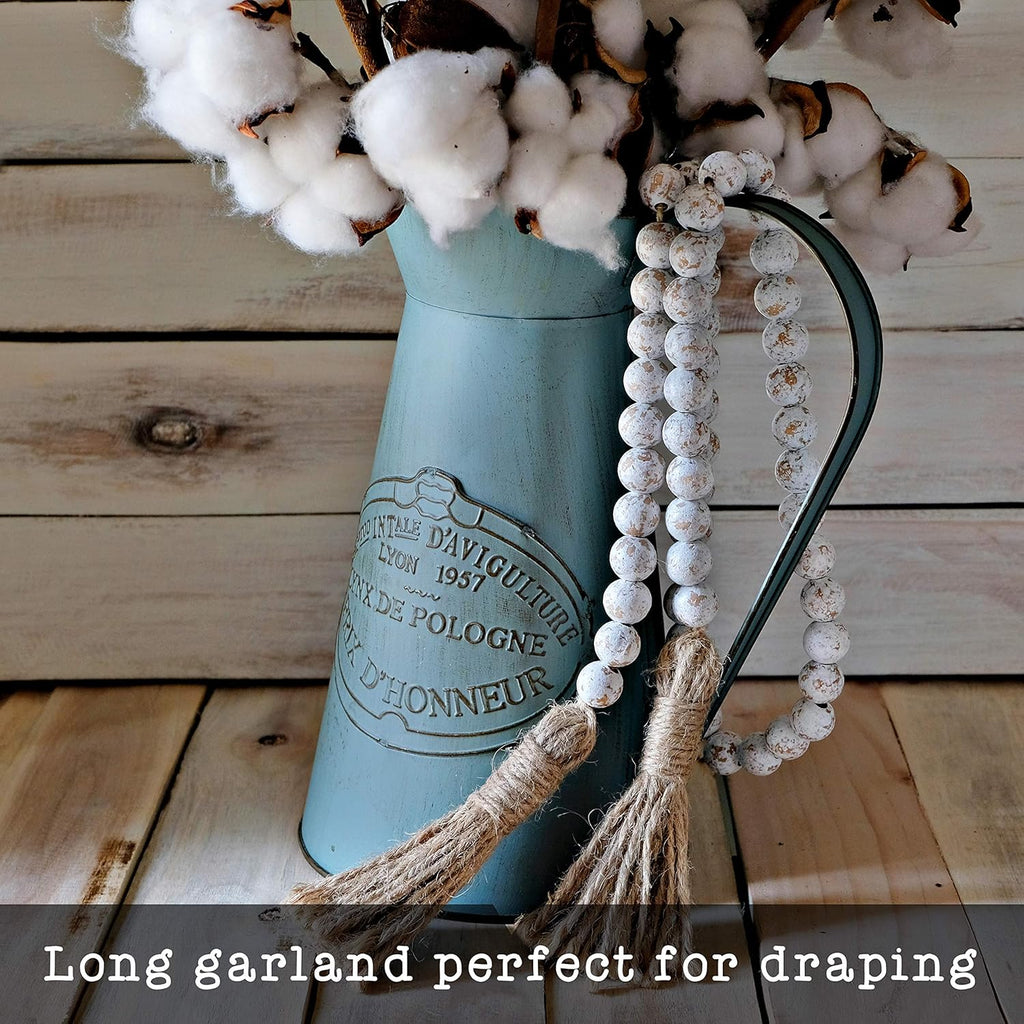Farmhouse Wood Bead Garland Home Decor, Natural Wooden Garland for Tiered Tray, Decorative Tassel for Tier Tray, Rustic Beads Centerpiece Boho Table Decor, Beaded Accent White Washed