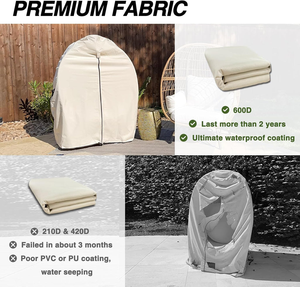 Patio Hanging Egg Chair Cover -600D Waterproof Outdoor Single Seat Wicker Swing Egg Chair with Stand Protector, Beige