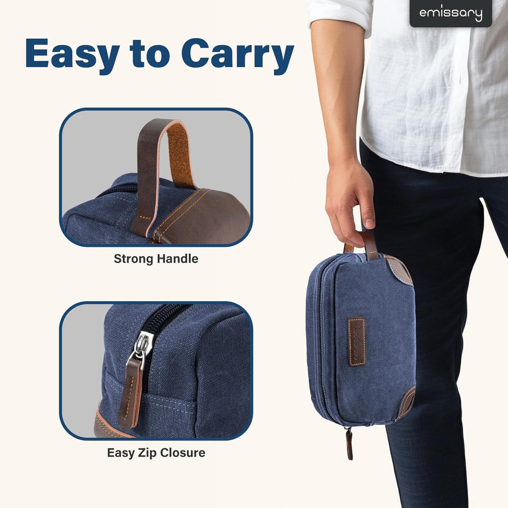 Men'S Toiletry Bag, Leather and Canvas Travel Toiletry Bag, Dopp Kit for Men, Travel Bathroom Bag Men'S Shaving Kit, Travel Kit Small Bags for Men, Shaving Bag for Travel Accessories (Blue)