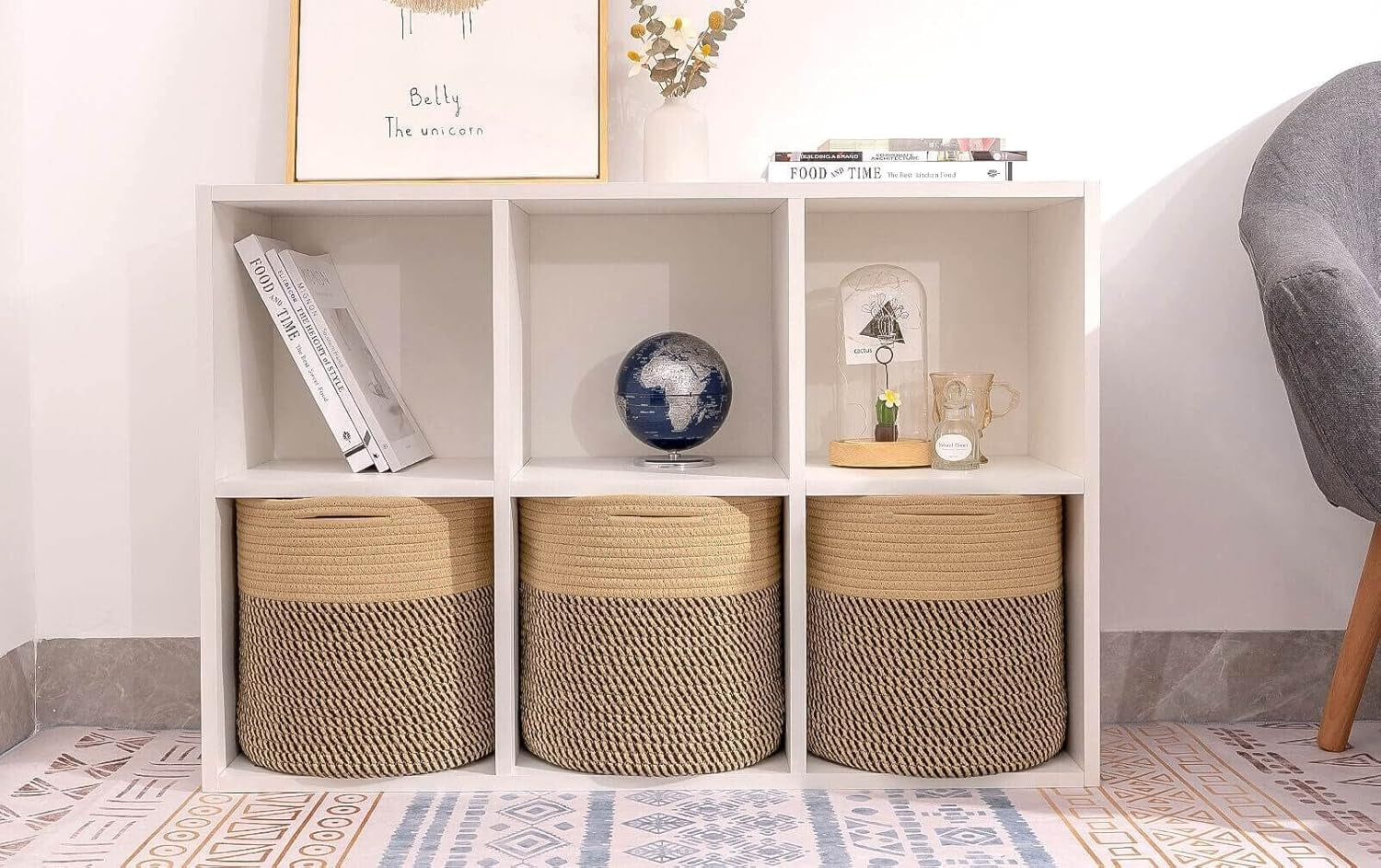Storage Cubes Baskets Bins Organizer 11X11X11'' Fit 12X12''Cube Storage Organizer Bookcases Shelf,Durable Woven Cotton Storage Basket for Organizing,Round 3Pack Camel/Mixed Black